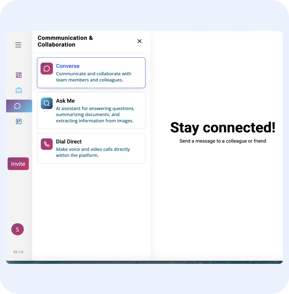Communication and Collaboration interface of Converse by ORO AI, featuring options to chat, ask AI questions, and make calls, emphasizing team connectivity and productivity.